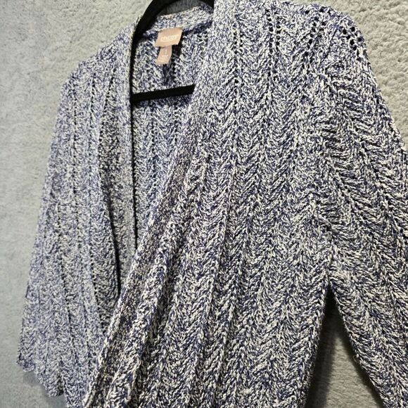 Chico's Womens Metallic Blue Crochet Cardigan Open Front  Sz 1 (M) - Sweater - Picture 4 of 8